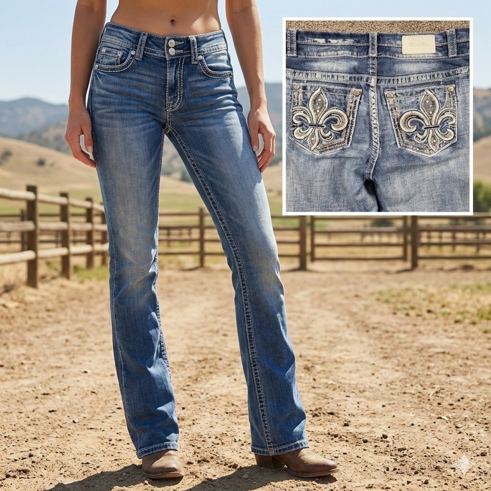 Miss Me Mid-Rise Bootcut‎ Jeans E9180B2R Fleur De Lis Sequin Blue Womens 30x32